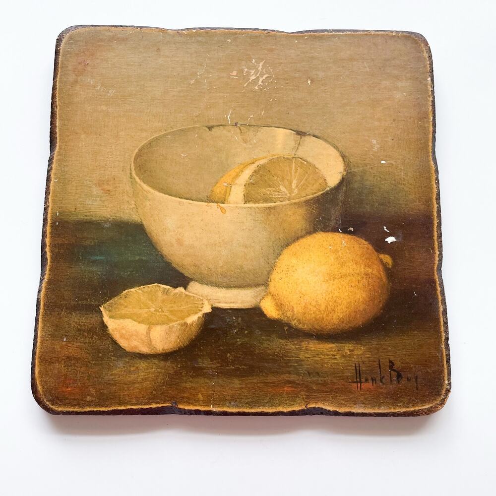 Vintage Henk Bos Lithograph Still Life Lemons with White Bowl 8x8